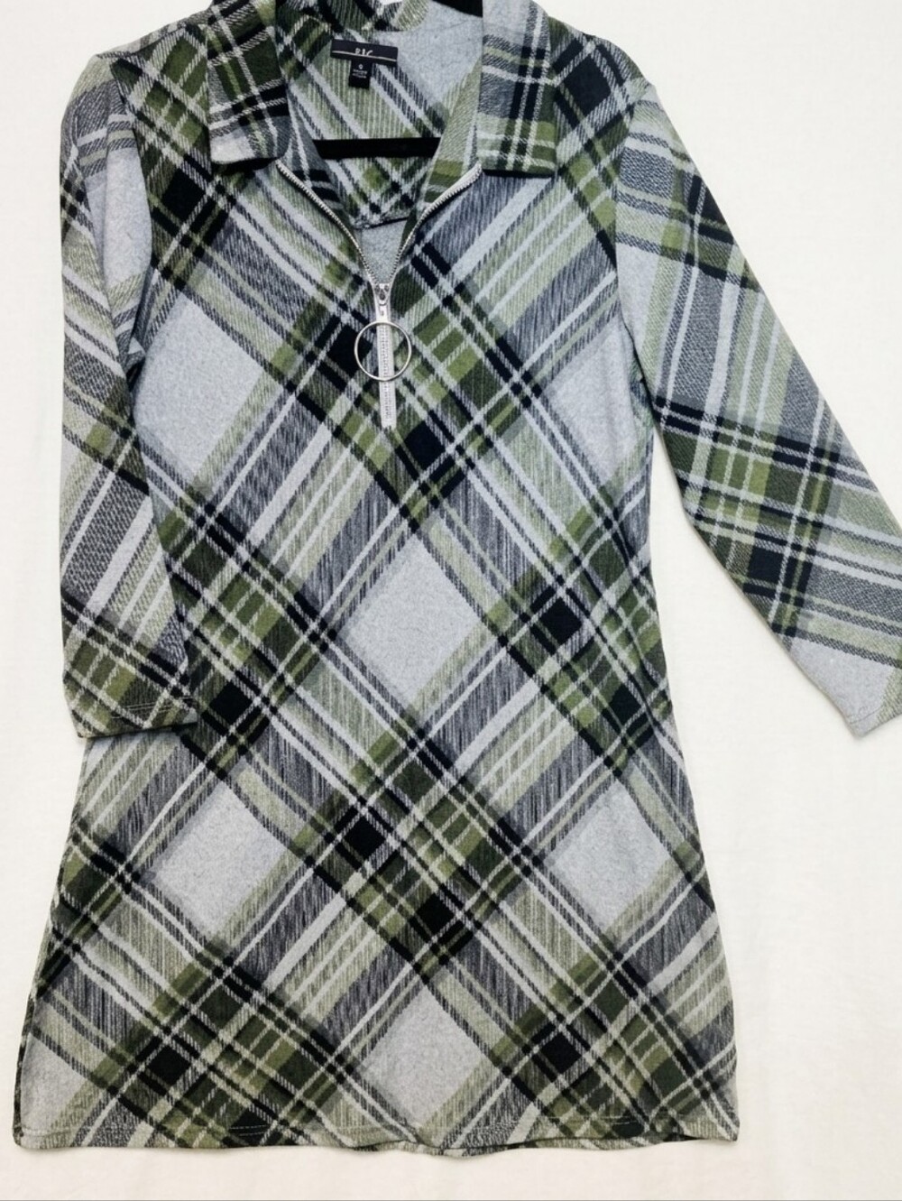 R&K Olive Green & Gray Plaid 3/4 Sleeve Tunic Dress Size M